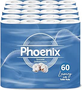 Phoenix Toilet Rolls – 60 Pack | 3 Ply Supreme Unscented Toilet Paper | Bulk Buy, Soft